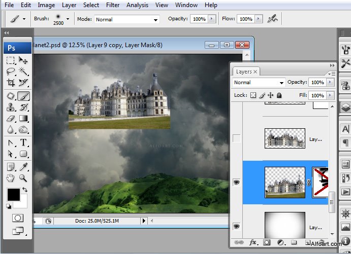 Castle in the Sky, castle in the clouds, dreamy landscape, mysterious, illustration, fantastic, rainbow effect in photoshop